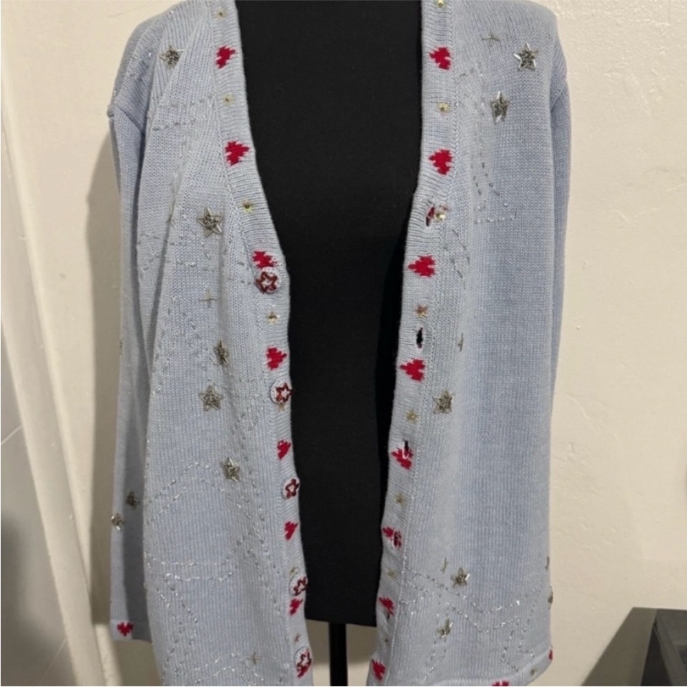 Storybook Knits Light blue Cardigan with Red and Gold Accents - Picture 9 of 9